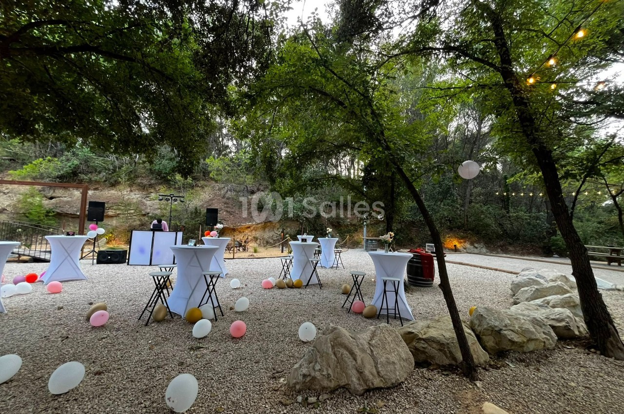 Espace extérieur décoré pour un événement avec tables hautes, ballons colorés et guirlandes lumineuses sous des arbres.