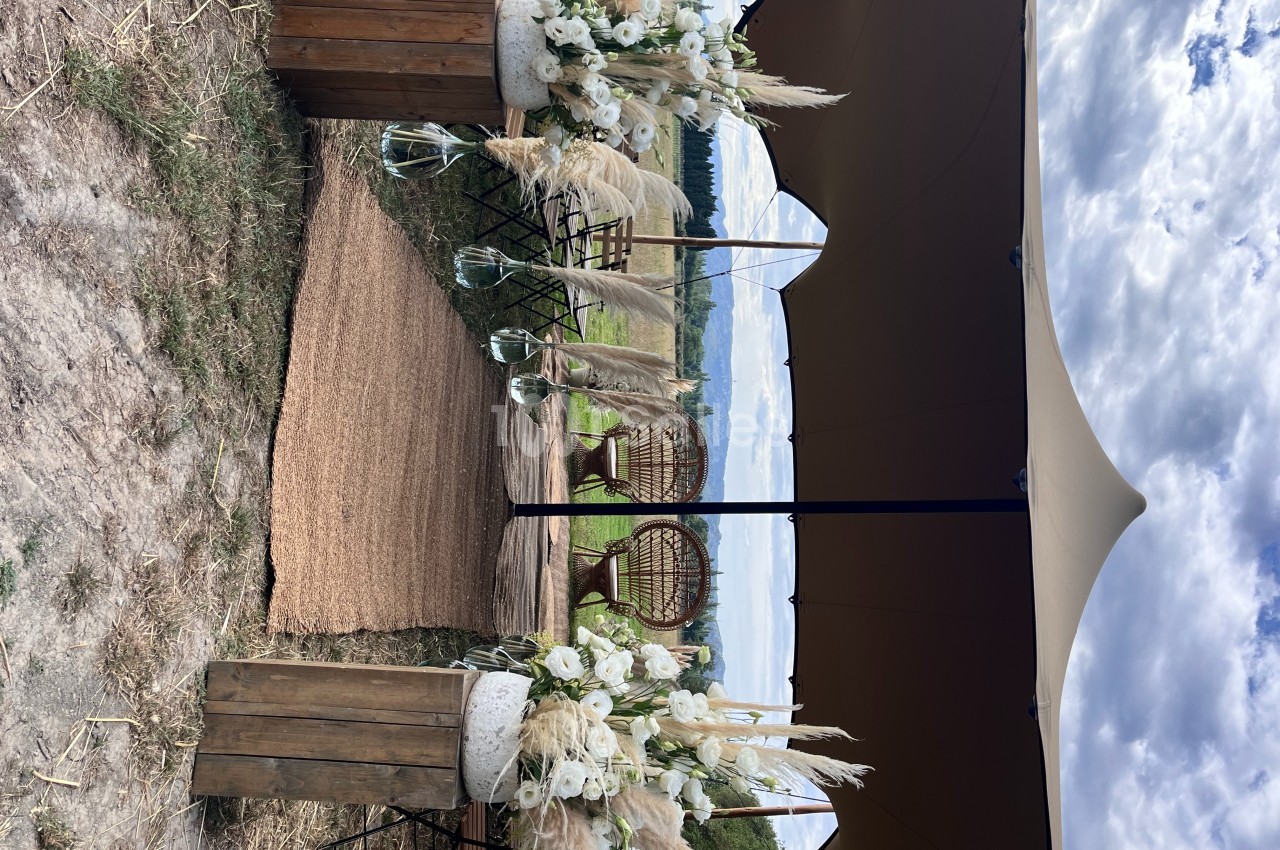 Décoration de cérémonie en extérieur avec tapis, fleurs séchées, chaises en rotin et tente beige sous un ciel nuageux.