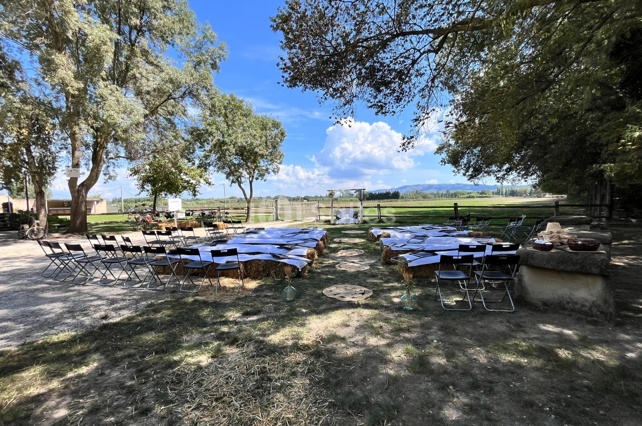 Chaises disposées en extérieur devant une arche décorée, entourées d'arbres et de champs sous un ciel bleu.