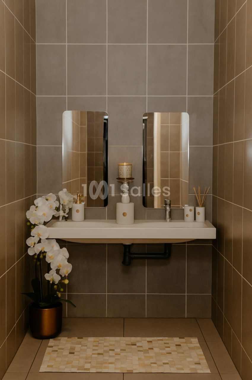 Lavabo moderne avec deux miroirs, une orchidée blanche en pot, bougie allumée et accessoires de salle de bain.