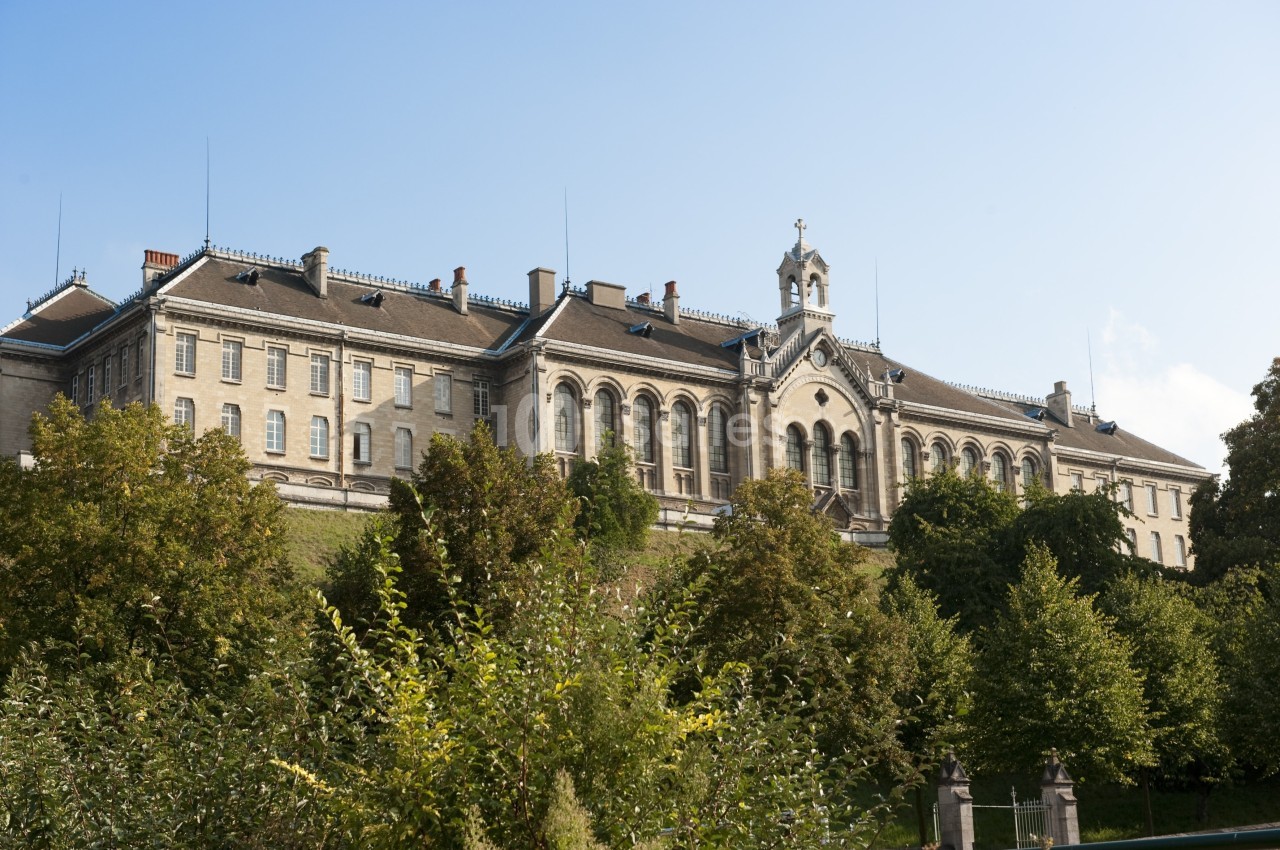 Bâtiment historique en pierre entouré de végétation, avec un ciel dégagé en arrière-plan.