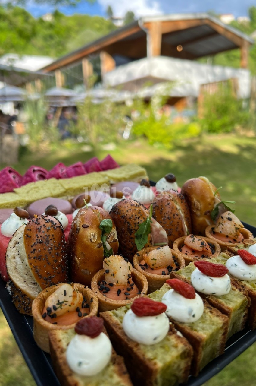 Plateau de bouchées variées comprenant bagels, toasts et amuse-bouches, présenté en extérieur dans un jardin verdoyant.