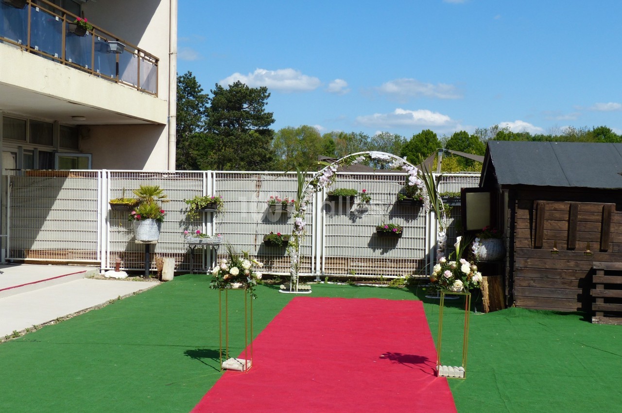Allée avec tapis rouge menant à une arche décorée de fleurs, dans un espace extérieur ensoleillé.