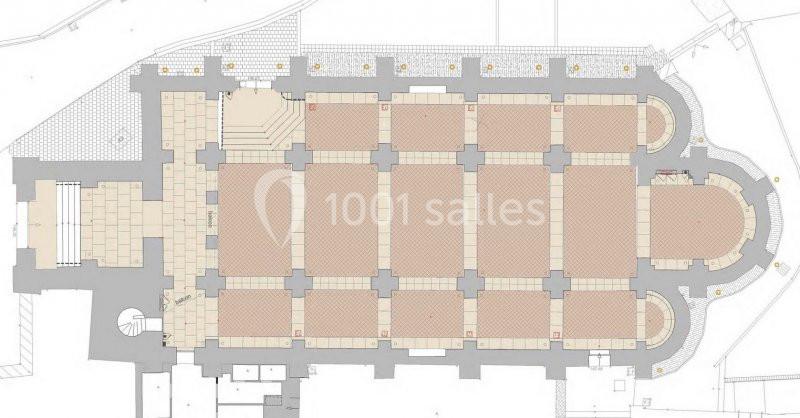 Plan architectural d'un bâtiment avec une vue en coupe détaillant les différentes sections et aménagements intérieurs.