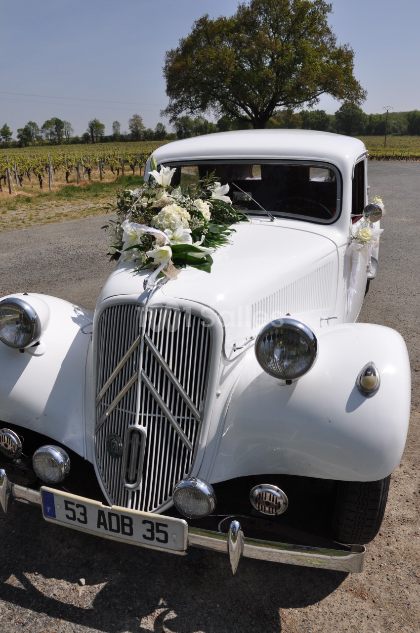 Voiture ancienne blanche décorée de fleurs blanches, stationnée sur un chemin près de vignes et d'un arbre.