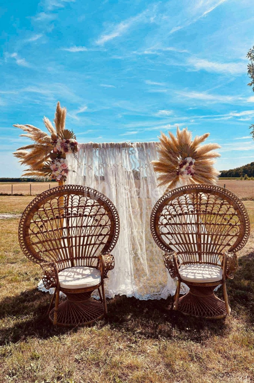 Deux fauteuils en rotin devant un rideau en dentelle décoré de fleurs et de pampas, installés dans un champ ensoleillé.