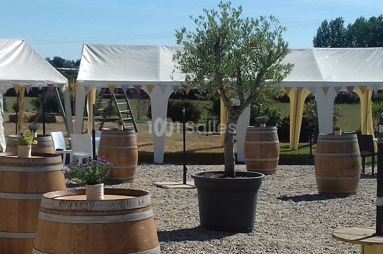 Tonnelles blanches installées en extérieur avec des tonneaux en bois et un olivier en pot sur un sol gravillonné.