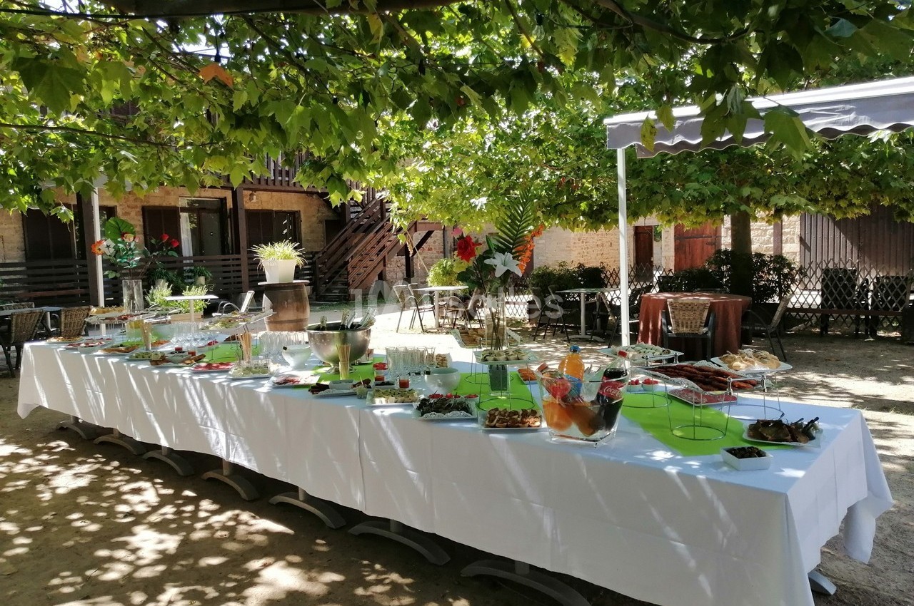 Table dressée en extérieur sous des arbres, garnie de plats variés pour un buffet dans un cadre champêtre.