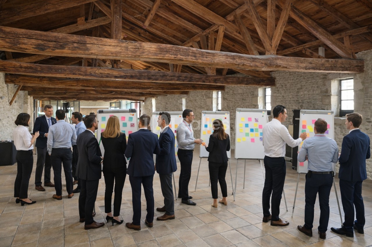 Des personnes en tenue professionnelle collaborent autour de tableaux blancs couverts de notes colorées dans une grande…