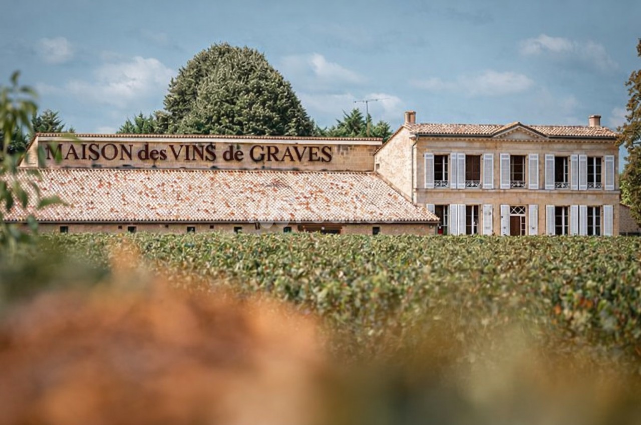 Bâtiment en pierre de la Maison des Vins de Graves entouré de vignes sous un ciel bleu.