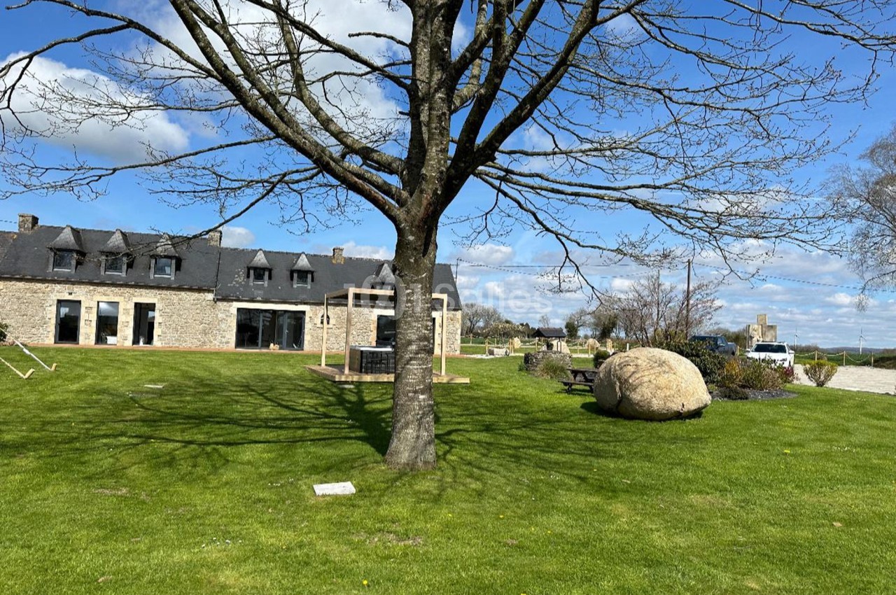 Pelouse verdoyante avec un grand arbre, une maison en pierre, une terrasse et un rocher sous un ciel bleu.
