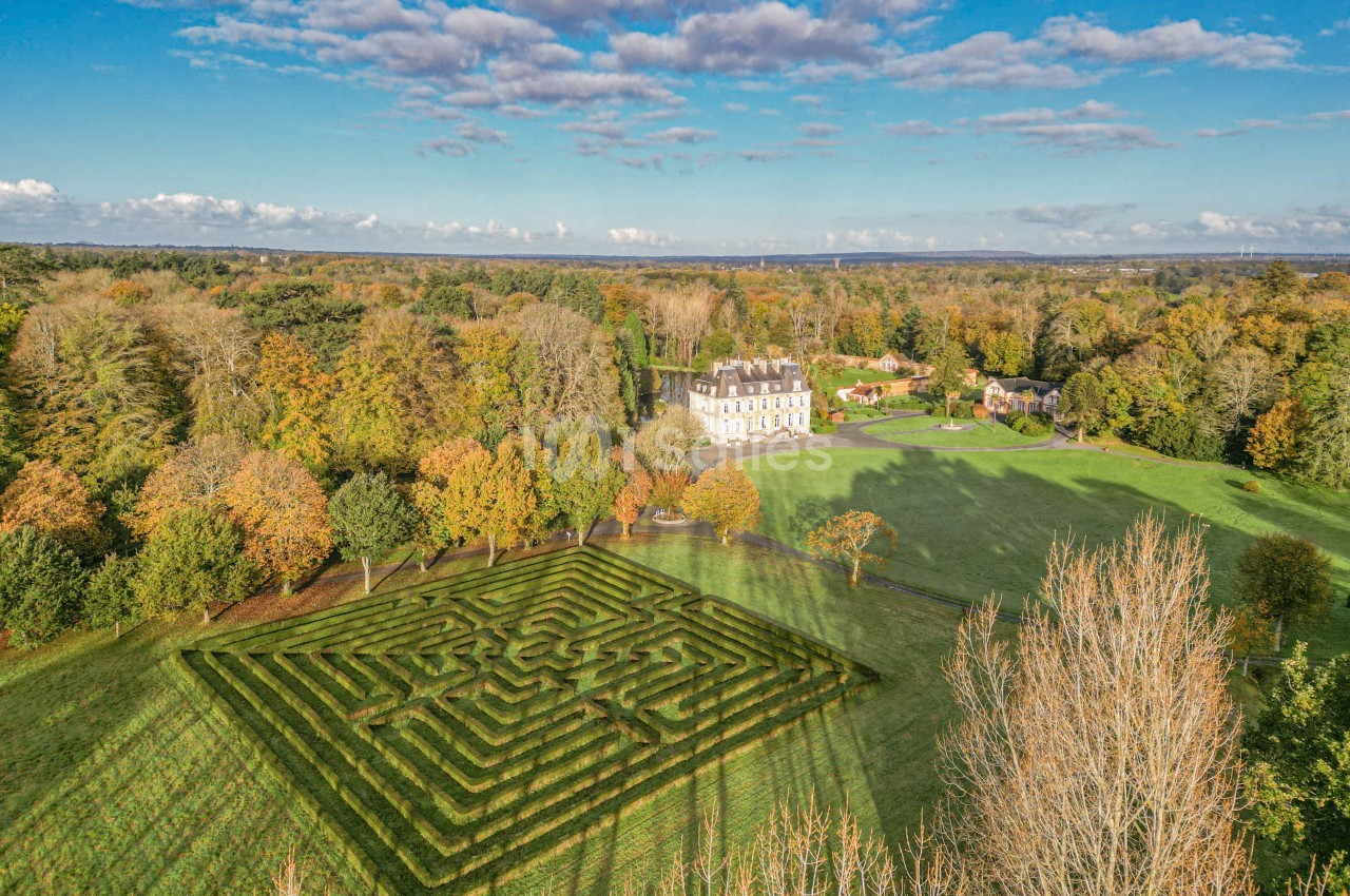 Vue aérienne d'un château entouré de jardins, d'un labyrinthe végétal et d'une forêt en arrière-plan.