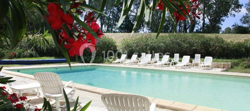 Piscine extérieure entourée de chaises longues blanches, bordée de végétation et de fleurs rouges.