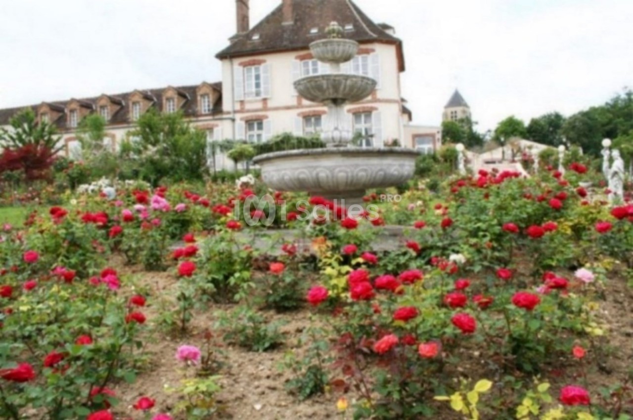 Jardin fleuri avec des rosiers colorés entourant une fontaine en pierre devant une grande maison ancienne.