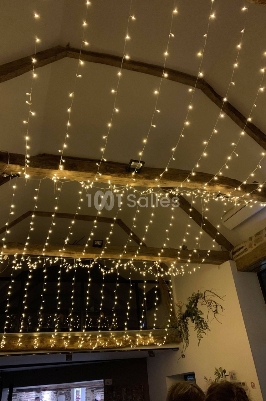 Guirlandes lumineuses suspendues au plafond d'une pièce avec poutres apparentes et décoration végétale.