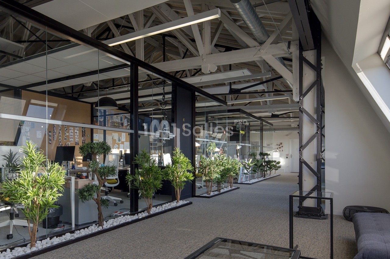 Bureaux modernes avec cloisons vitrées, plantes décoratives et plafond industriel visible.