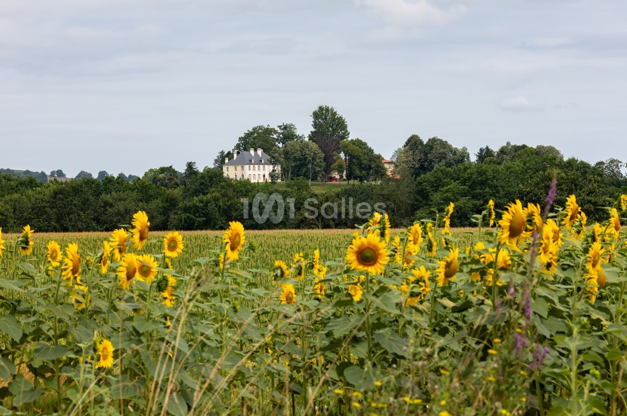Champ de tournesols en premier plan avec une maison blanche entourée d'arbres à l'arrière-plan.