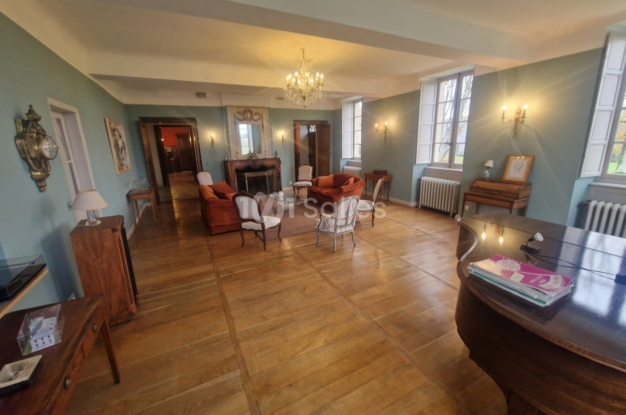 Salon spacieux avec parquet en bois, mobilier classique, cheminée, lustre et grandes fenêtres laissant entrer la lumière.