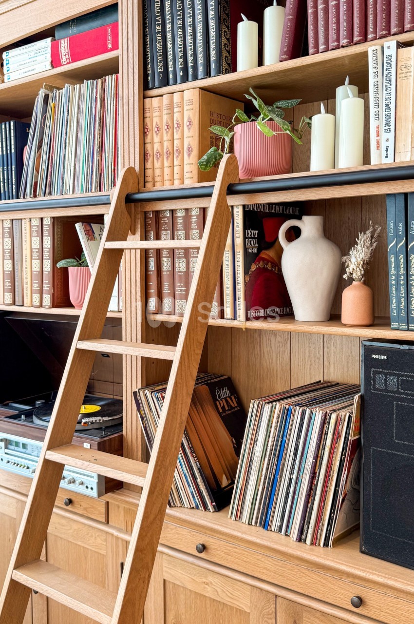 Bibliothèque en bois avec échelle, livres, vinyles, plantes en pot et objets décoratifs.