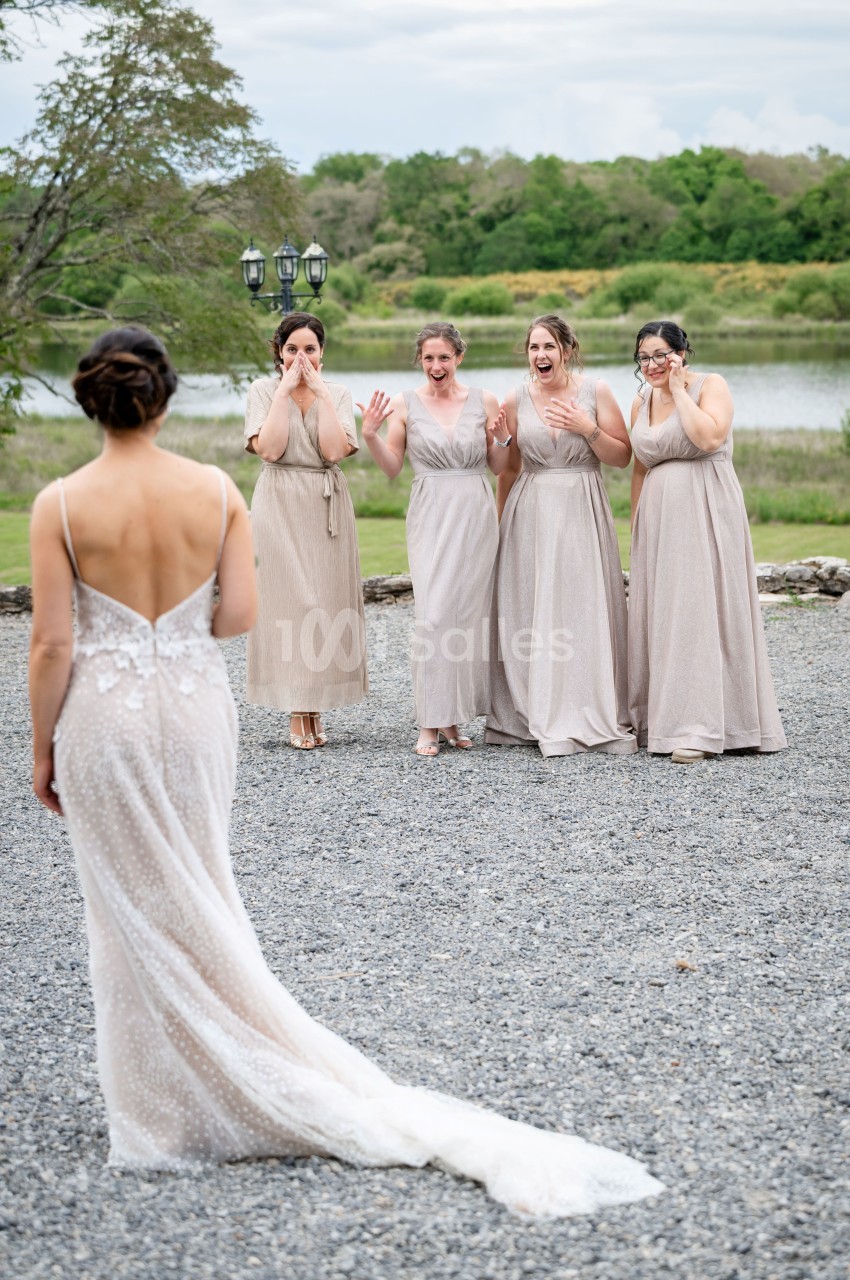 Une femme en robe de mariée fait face à quatre demoiselles d'honneur émues devant un paysage naturel.