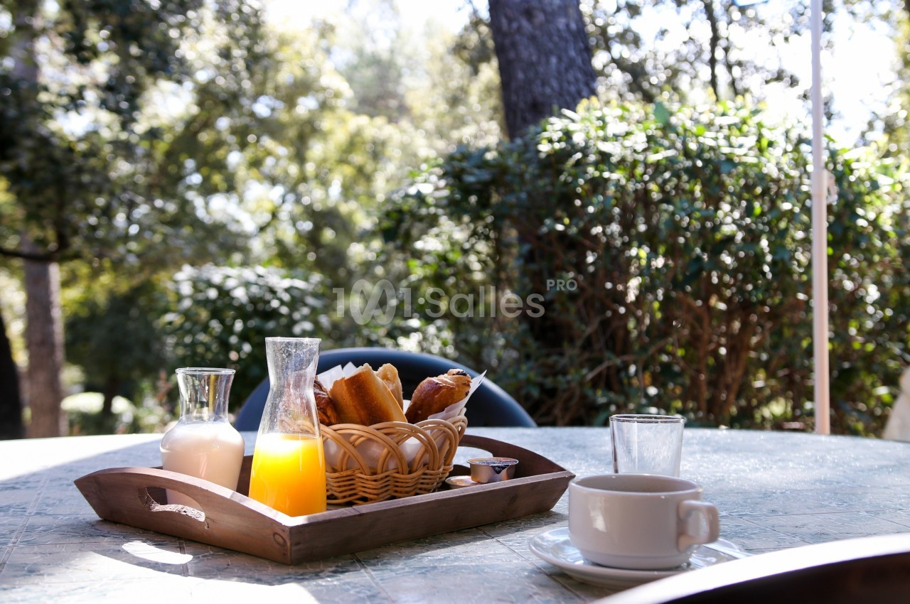 Petit-déjeuner avec jus d'orange, lait, viennoiseries et café sur une table en extérieur, entourée de végétation.
