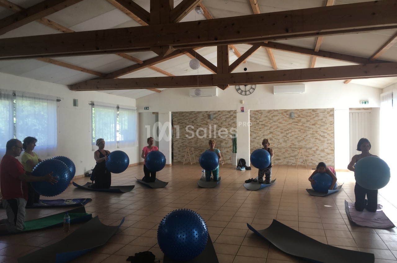 Personnes participant à une séance de fitness avec des ballons de gym dans une salle lumineuse au plafond en bois.