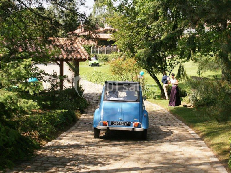 Une voiture ancienne bleue roule sur une allée pavée entourée de verdure, avec des personnes en arrière-plan.