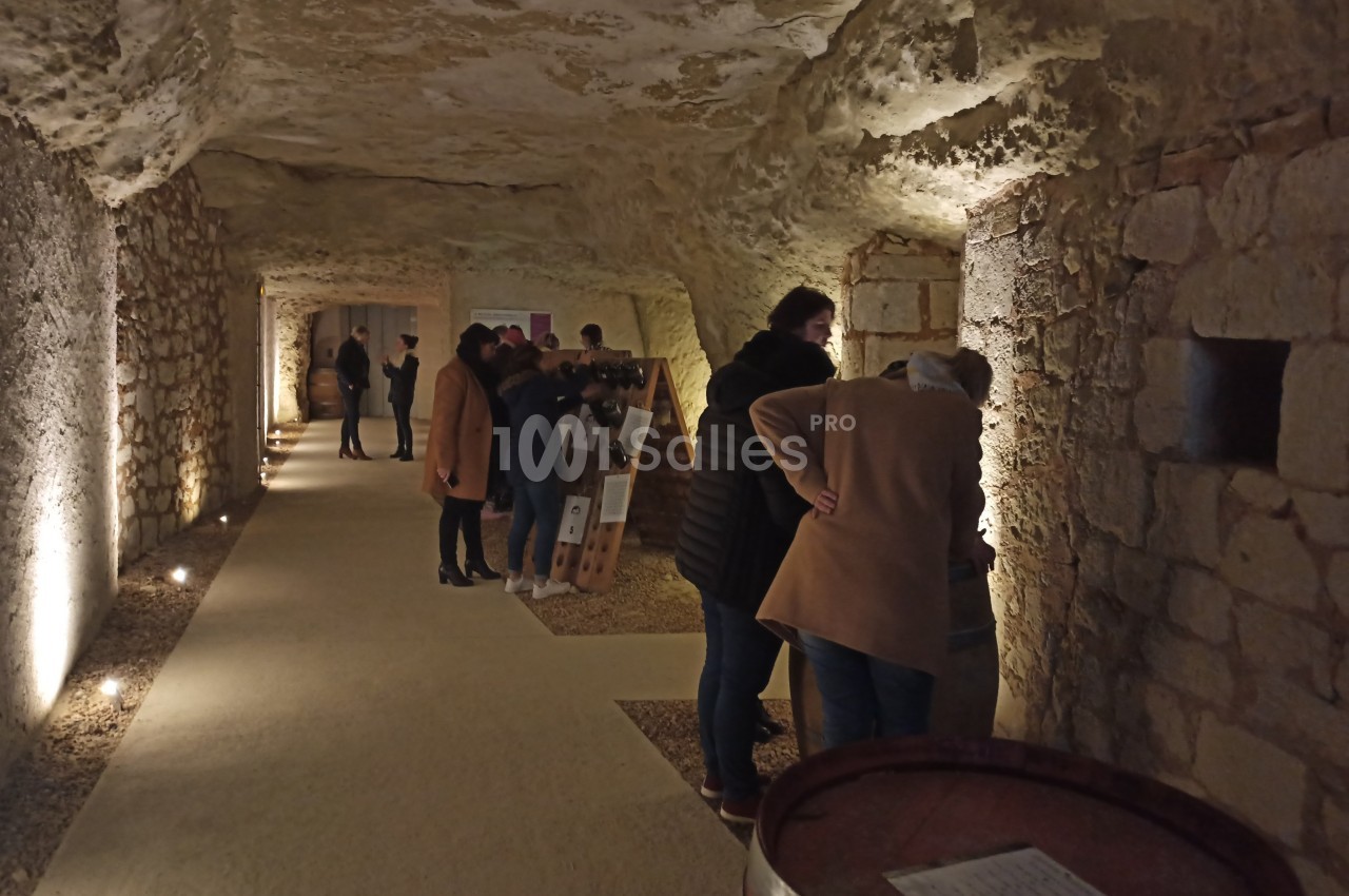 Visiteurs observant des panneaux explicatifs dans une galerie souterraine éclairée, aux murs en pierre.