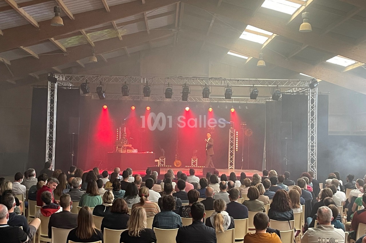 Un magicien réalise un spectacle sur une scène éclairée en rouge, face à un public assis dans une salle.