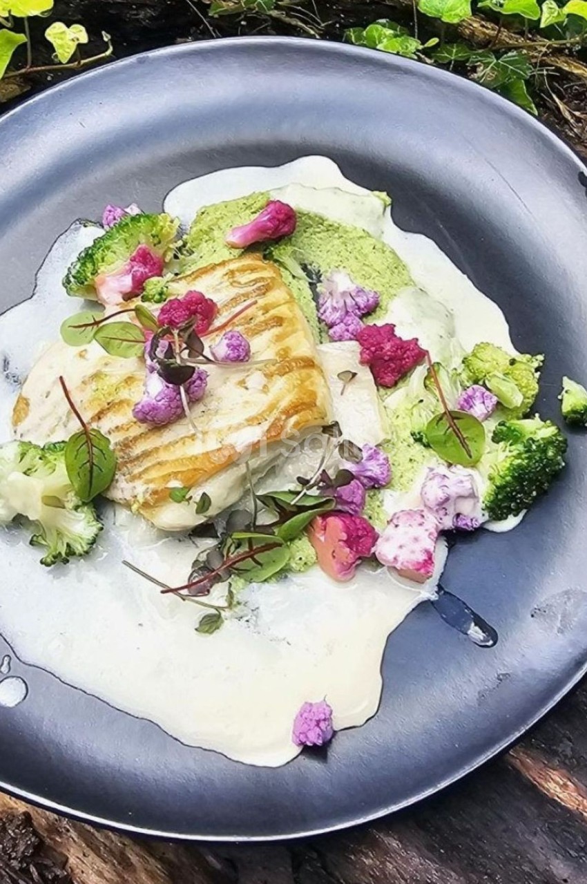 Filet de poisson grillé servi avec une sauce crémeuse, brocolis et choux-fleurs colorés sur une assiette noire.
