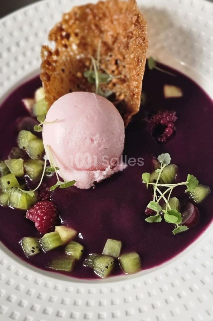 Assiette de soupe de fruits rouges avec une boule de glace rose, morceaux de kiwi, framboises et tuile croustillante.