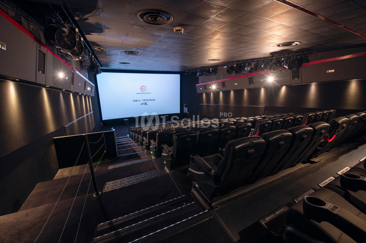 Salle de cinéma vide avec rangées de sièges noirs, écran blanc allumé et éclairage tamisé.