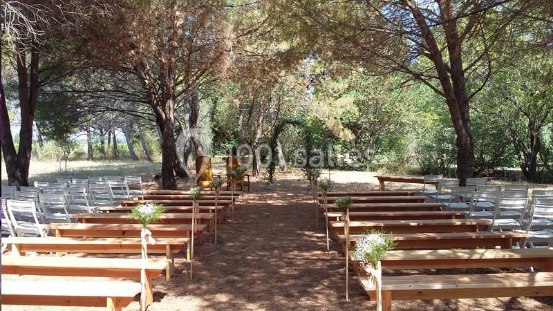 Allée centrale bordée de bancs en bois et chaises blanches, menant à une arche décorée dans une clairière boisée.