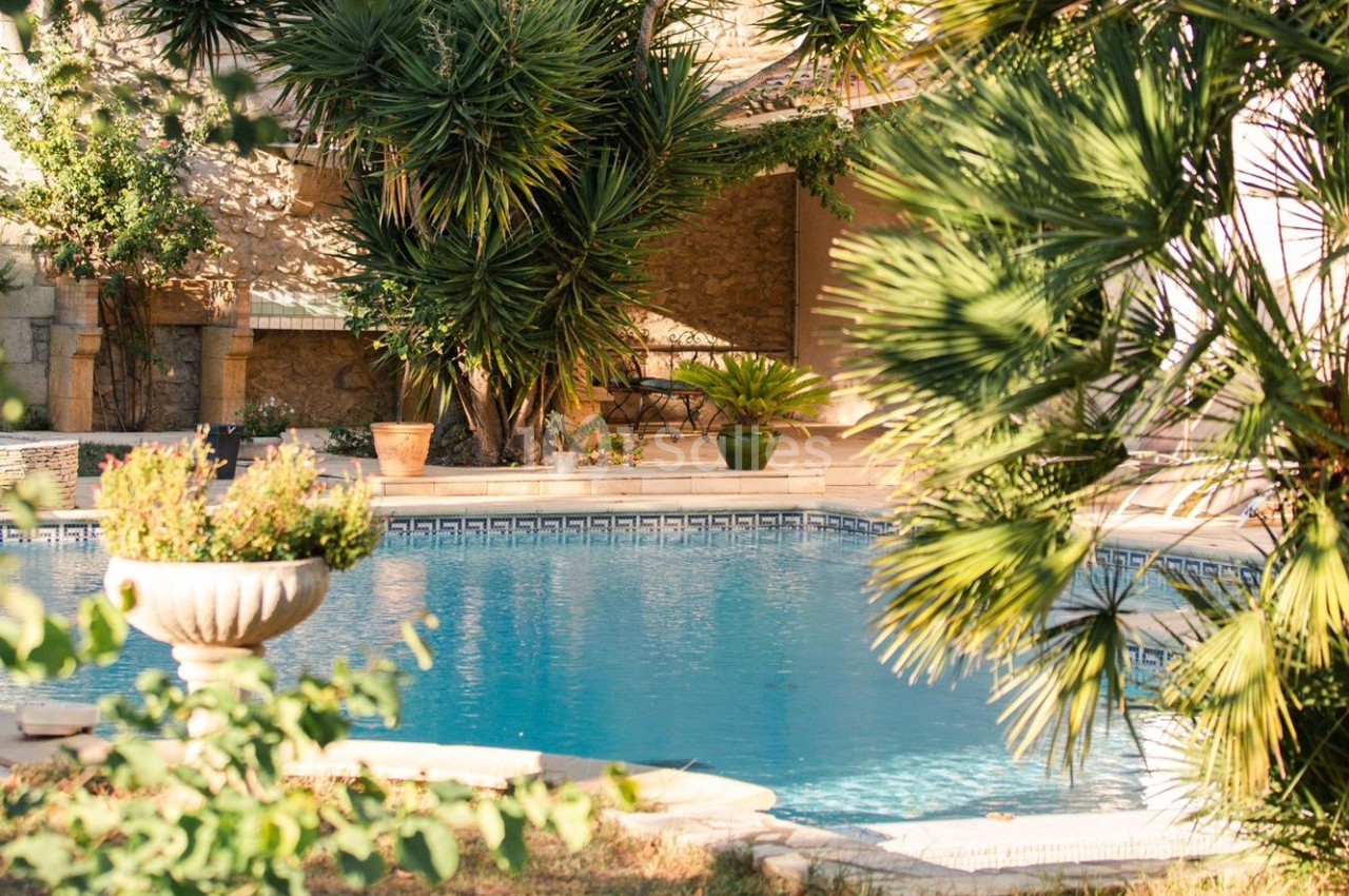 Piscine extérieure entourée de végétation luxuriante et de murs en pierre sous une lumière ensoleillée.