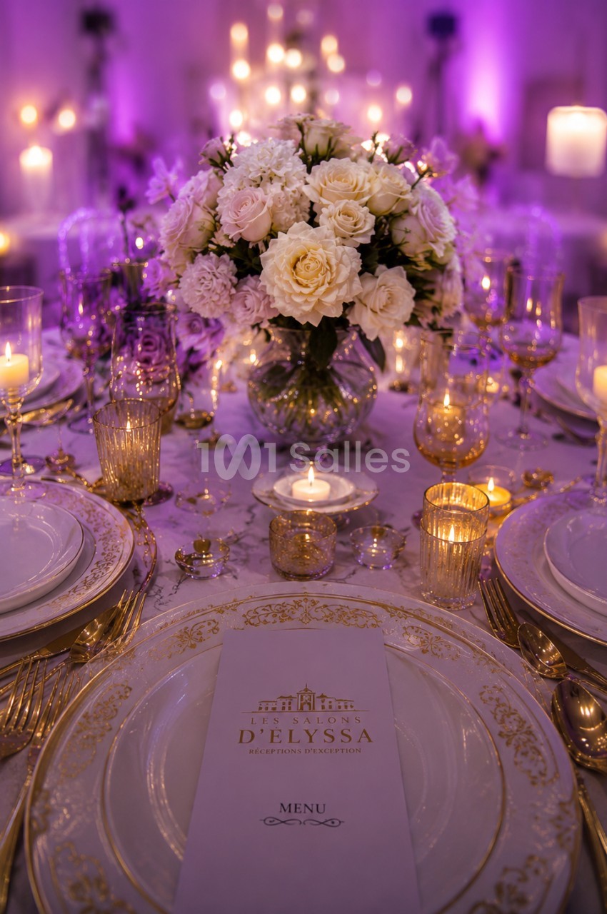 Table élégamment dressée avec vaisselle dorée, bougies allumées et bouquet central de fleurs blanches et roses.