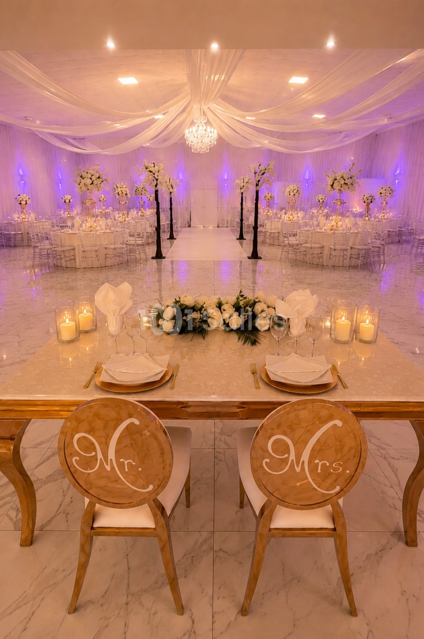 Salle de réception élégante avec table des mariés ornée de fleurs blanches, chandelles et décorations lumineuses.