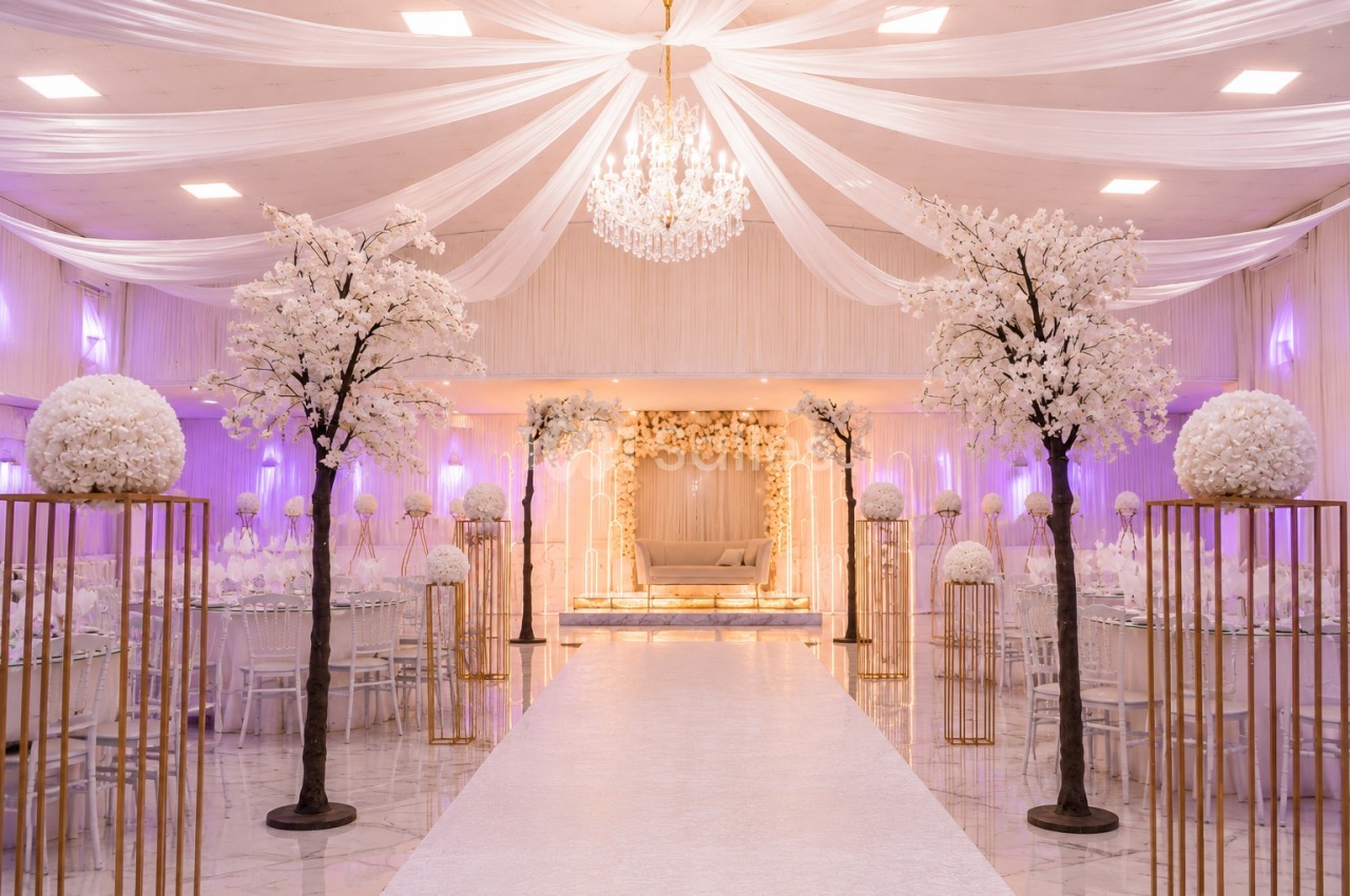 Salle de réception décorée avec des fleurs blanches, un lustre central et une allée menant à une scène ornée.