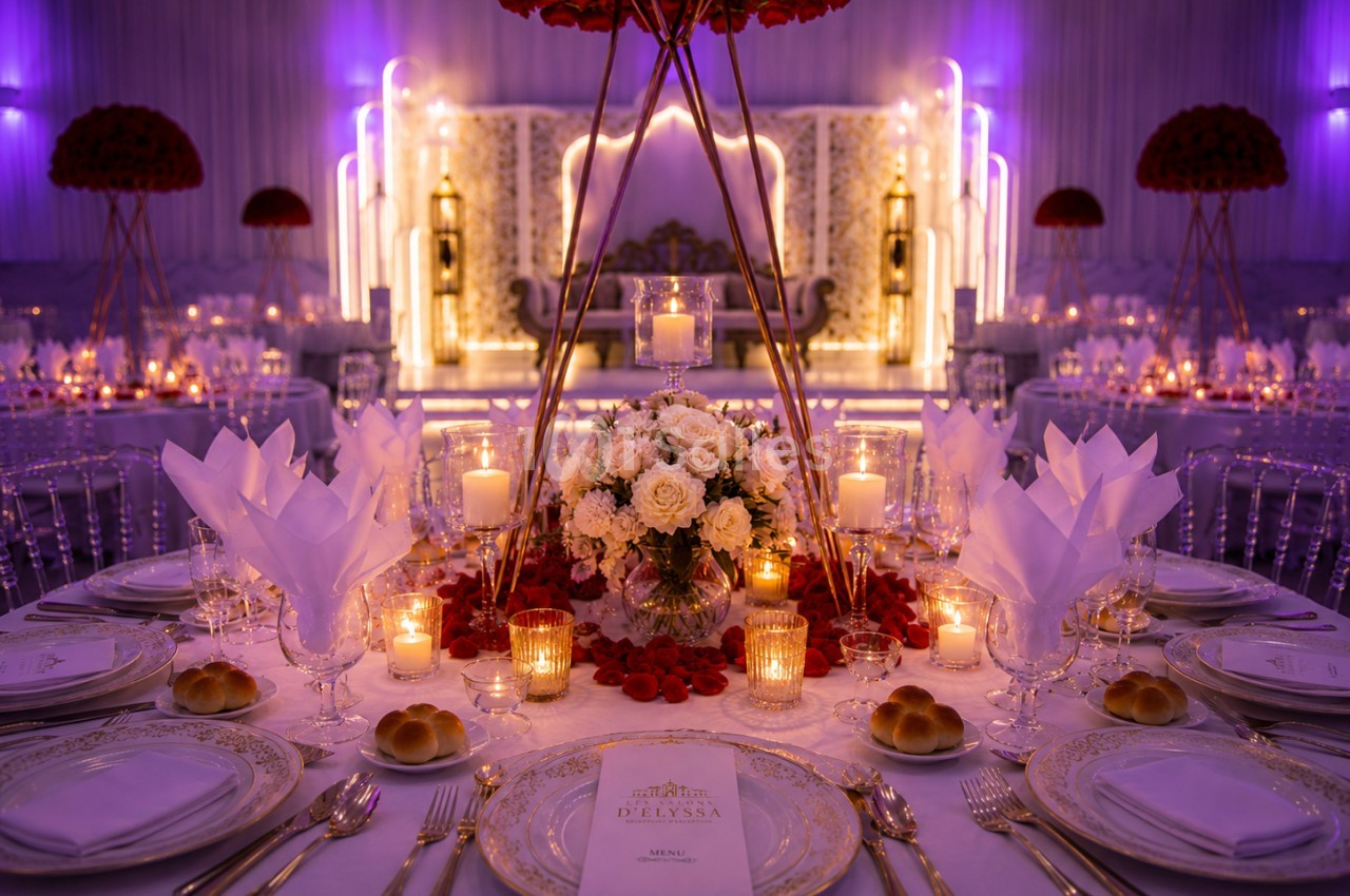 Table de réception élégamment dressée avec des fleurs, bougies allumées et vaisselle raffinée dans une salle illuminée.