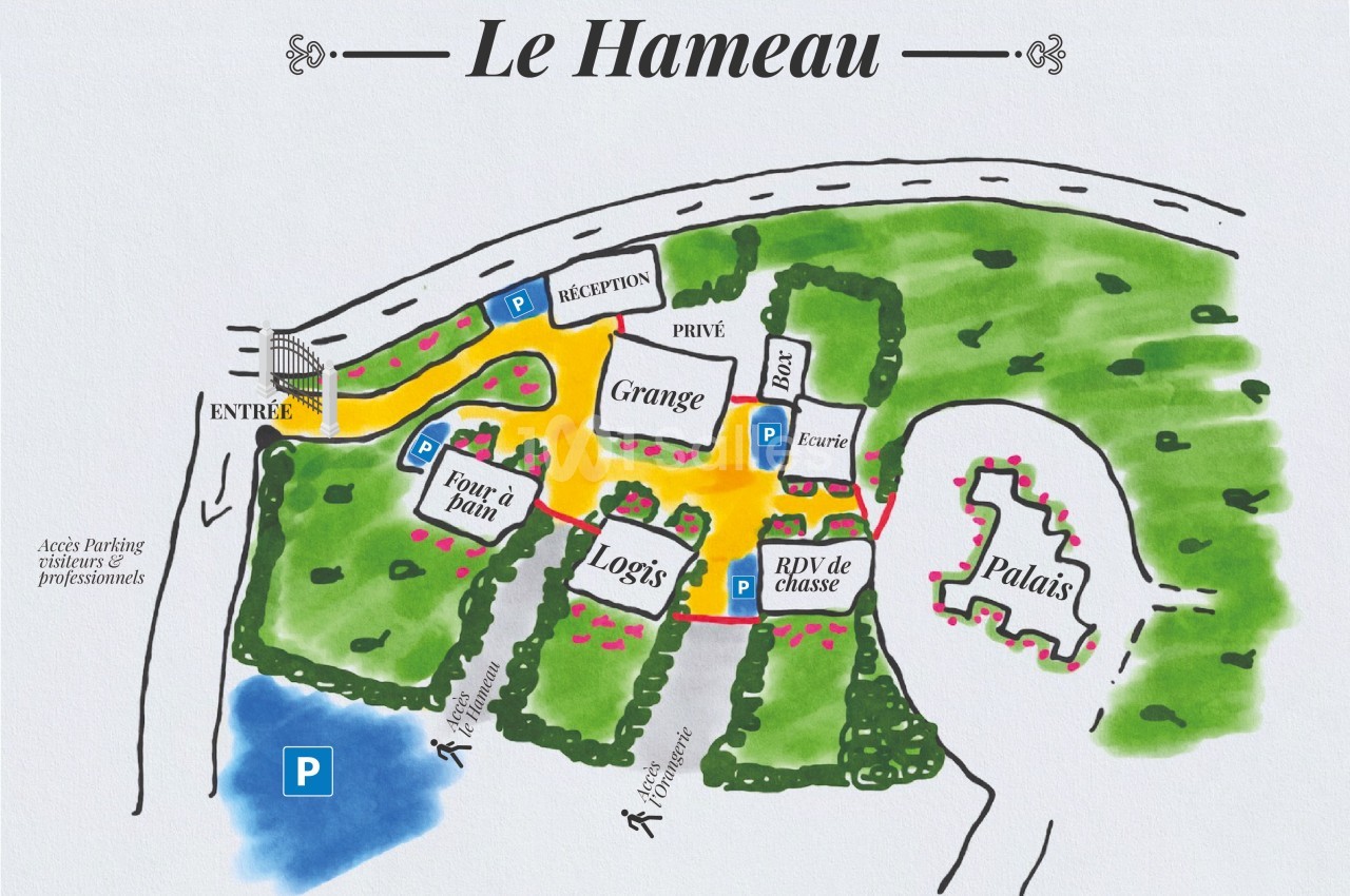 Plan illustré d'un domaine avec bâtiments nommés, chemins, parkings, espaces verts et un accès au bord de l'eau.