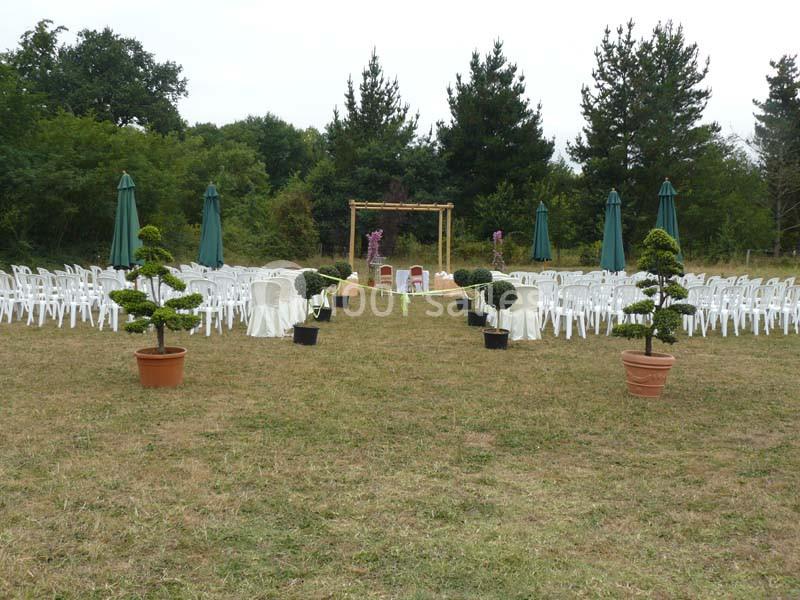 Chaises blanches disposées en rangées sur une pelouse, avec une arche décorée au fond et des parasols verts.