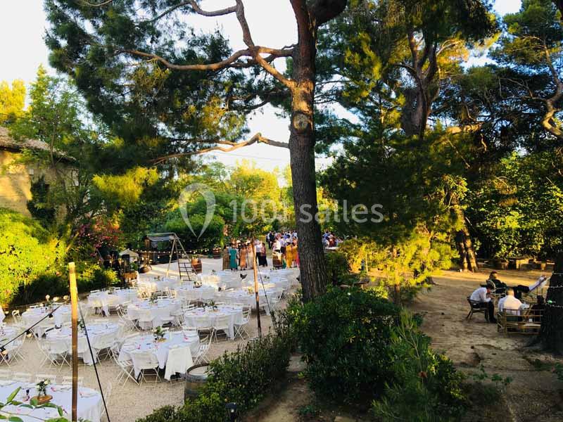 Tables blanches dressées en extérieur sous des arbres, avec un groupe de personnes rassemblées en arrière-plan.