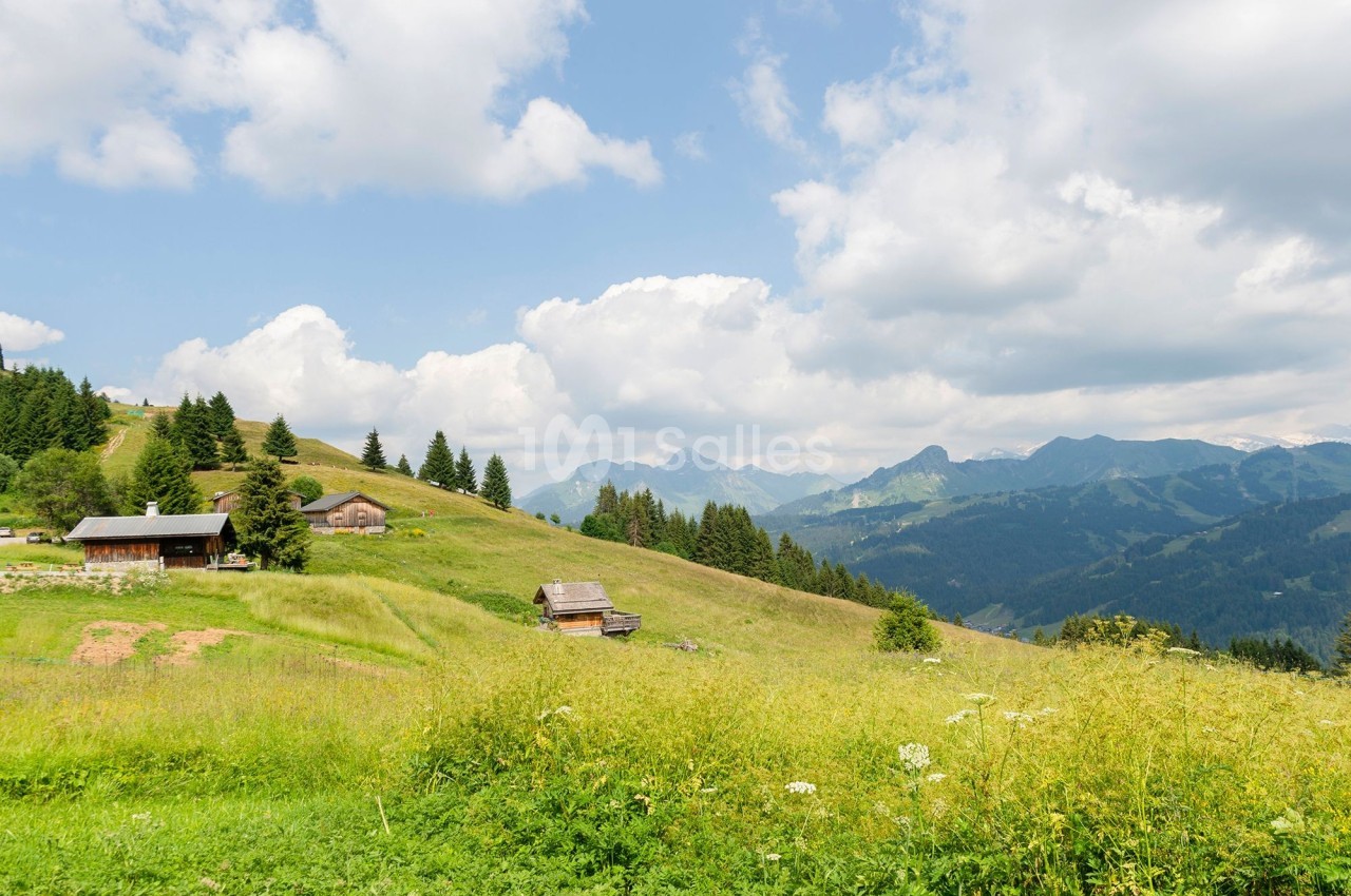 Paysage alpin avec des chalets en bois, une prairie verdoyante et des montagnes sous un ciel partiellement nuageux.