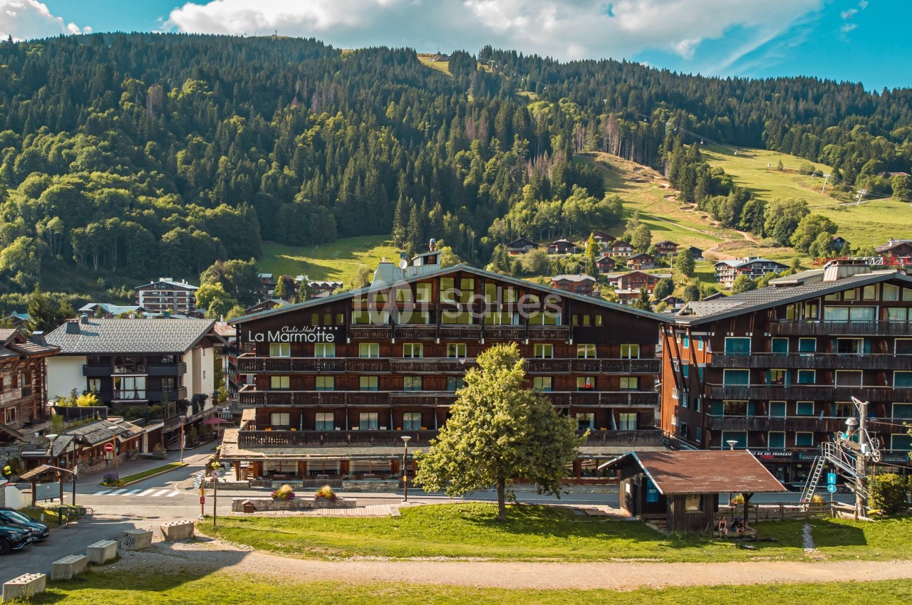 Vue d'un village alpin avec des chalets en bois, des montagnes verdoyantes et un ciel partiellement nuageux.