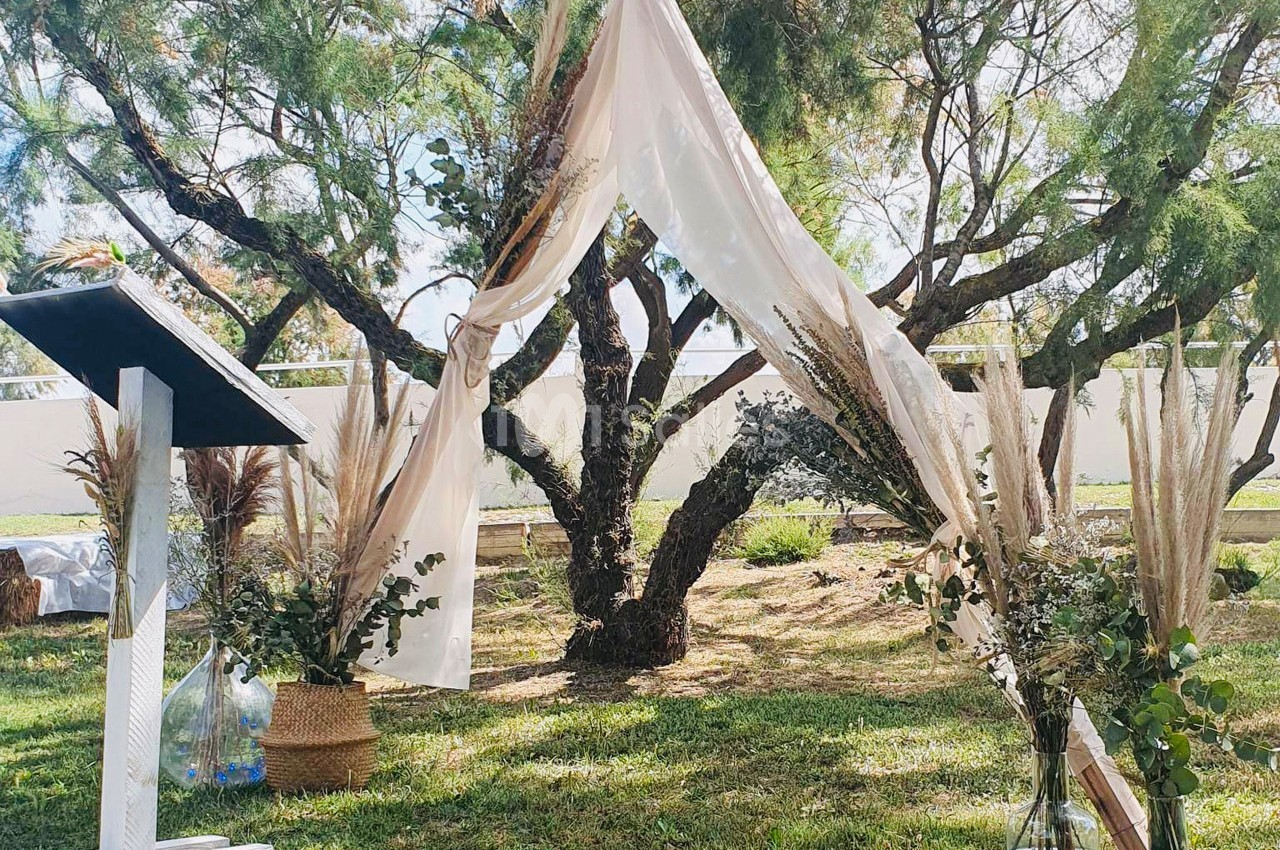 Arche décorée de voilages et de feuillages sous un arbre, avec un pupitre et des vases en extérieur.