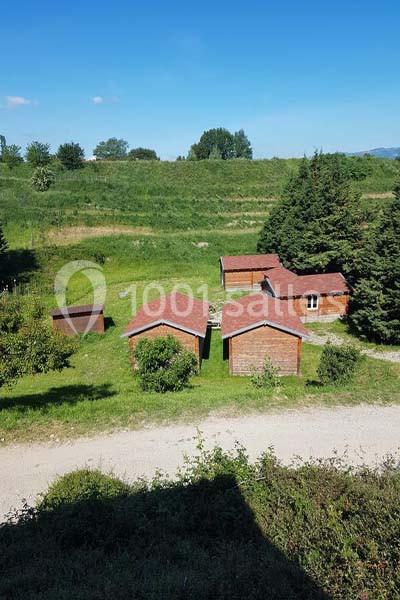 Vue de petits chalets en bois avec toits rouges, entourés de verdure et d'arbres, sous un ciel bleu clair.