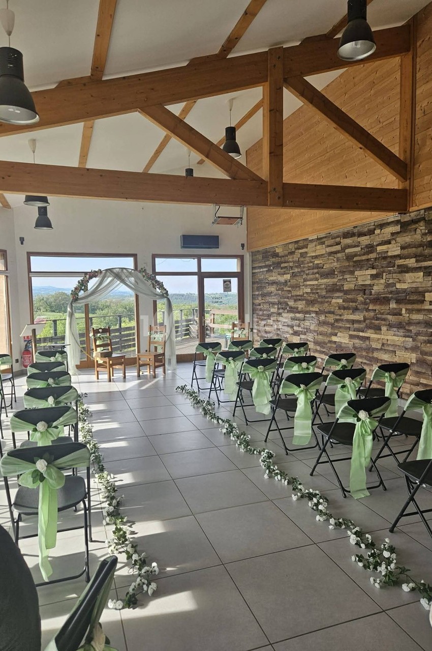 Salle de cérémonie décorée avec des chaises ornées de rubans verts, allée centrale fleurie et arche en arrière-plan.
