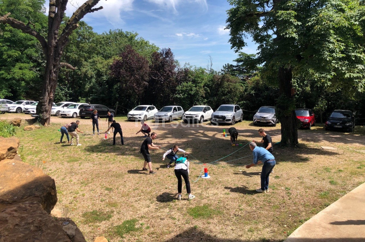 Personnes jouant à un jeu en plein air sur une pelouse, entourées d'arbres et de voitures garées en arrière-plan.