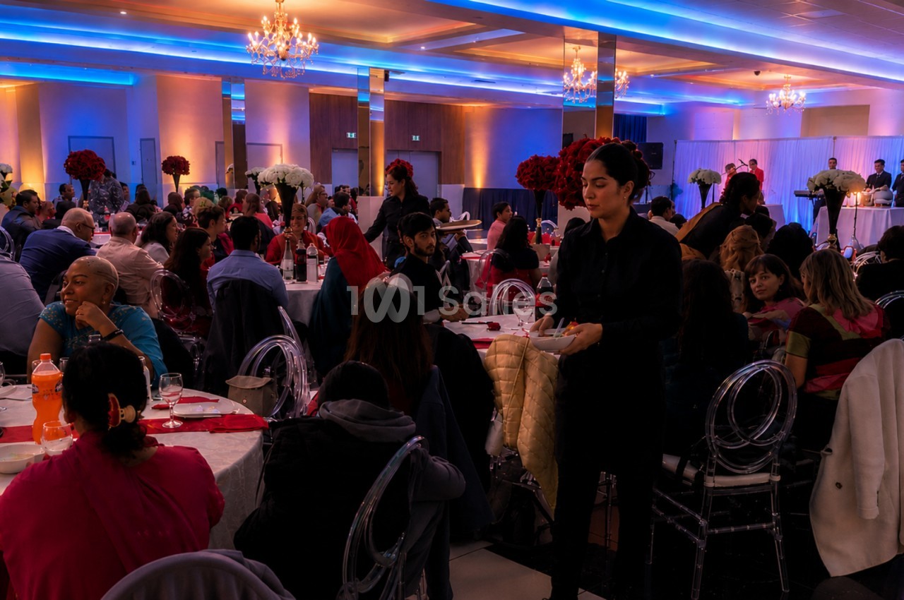 Salle de réception éclairée avec des invités assis à des tables décorées, et un serveur en train de circuler.