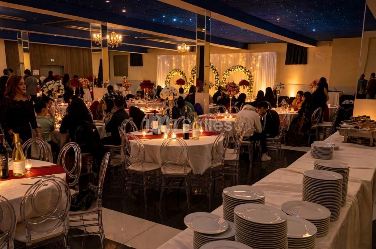 Salle de réception décorée avec des tables dressées, des invités assis et des arches fleuries illuminées en arrière-plan.