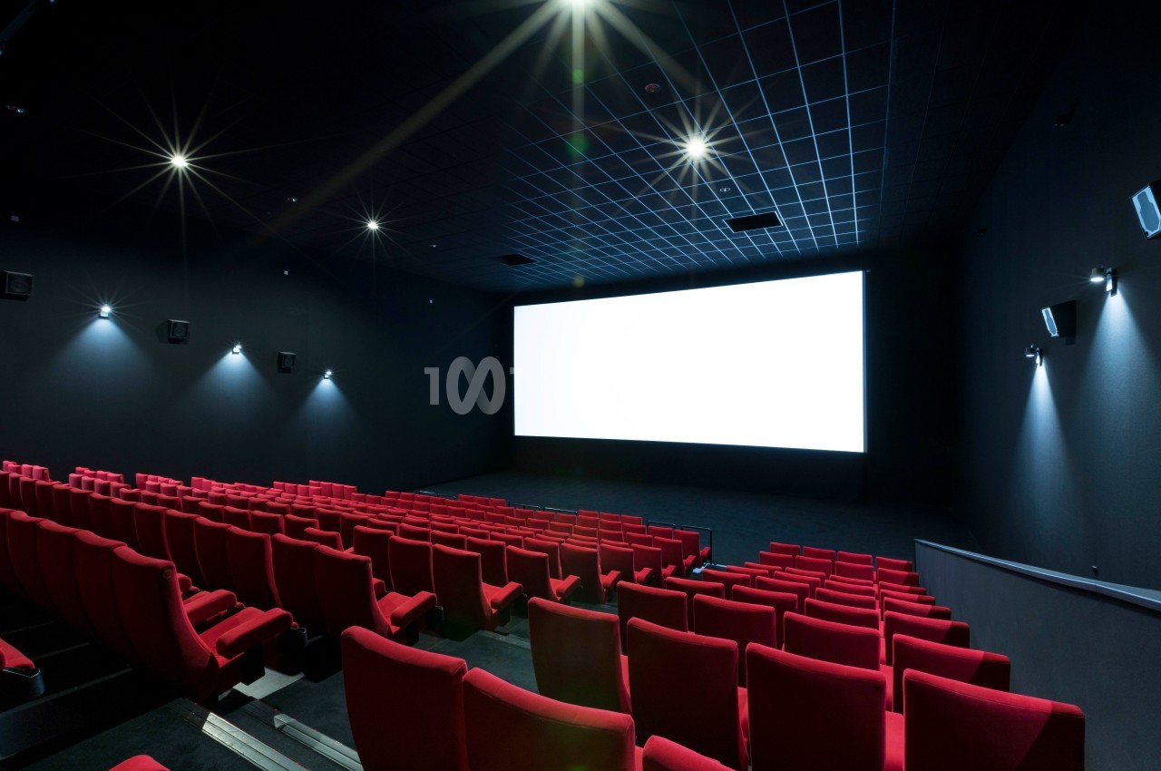 Salle de cinéma vide avec des rangées de sièges rouges et un grand écran blanc allumé.